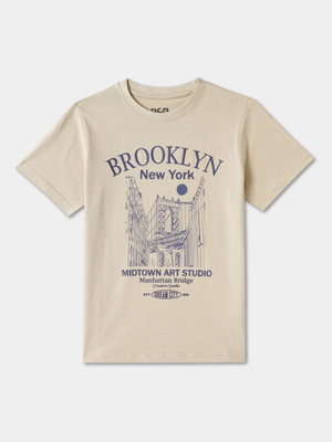 R&B Boys Typography Pure Cotton Regular T Shirt(Beige, Pack of 1)