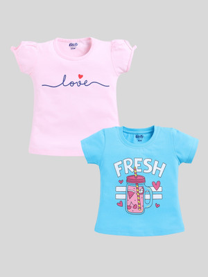 KIDCITY Girls Graphic Print Cotton Blend Regular T Shirt(Multicolor, Pack of 2)