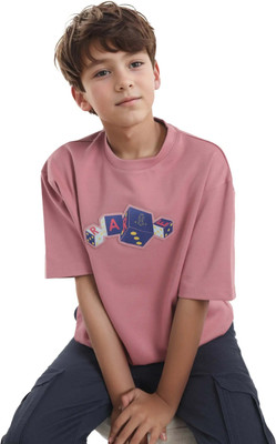 Rare Ones Boys Embroidered Cotton Blend Oversized T Shirt(Pink, Pack of 1)