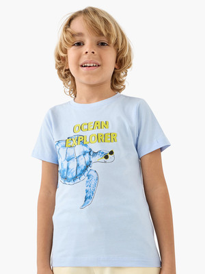 JUNIORS by Babyshop Baby Boys Printed Pure Cotton Regular T Shirt(Blue, Pack of 1)