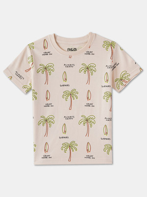 R&B Boys Graphic Print Pure Cotton Regular T Shirt(Beige, Pack of 1)