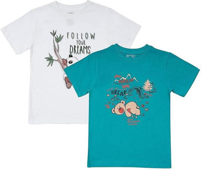 Texman Boys Printed Pure Cotton Regular T Shirt(White, Pack of 2)