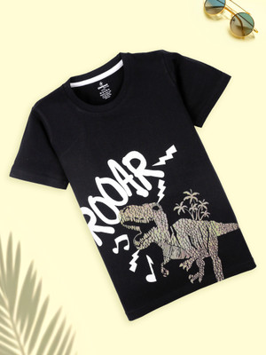 Kiddo Paanti Boys Printed Pure Cotton Regular T Shirt(Black, Pack of 1)