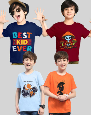 AOOSH Boys Printed Cotton Blend Regular T Shirt(Multicolor, Pack of 4)