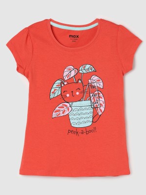 MAX Girls Typography, Printed Pure Cotton T Shirt(Orange, Pack of 1)