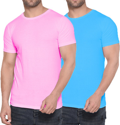 Kroptee Boys Solid Cotton Blend Regular T Shirt(Light Blue, Pink, Pack of 2)