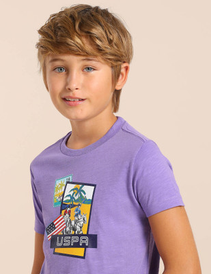 U.S. POLO ASSN. Boys Graphic Print Pure Cotton Regular T Shirt(Purple, Pack of 1)