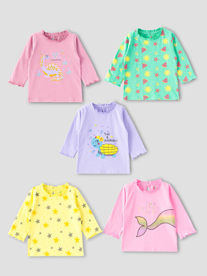 YUV Baby Girls Printed Pure Cotton Regular T Shirt(Multicolor, Pack of 5)