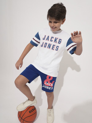 Jack & Jones Junior Boys Graphic Print Cotton Blend Regular T Shirt(White, Pack of 1)