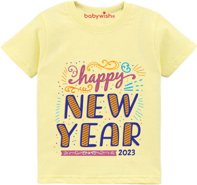 Babywish Boys Typography, Printed Cotton Blend Regular T Shirt(Yellow, Pack of 1)
