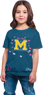 Little Funky Girls Typography, Graphic Print Pure Cotton Regular T Shirt(Light Blue, Pack of 1)