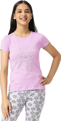 SINI MINI Girls Printed Pure Cotton Regular T Shirt(Purple, Pack of 1)