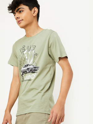 MAX Boys Printed Pure Cotton Regular T Shirt(Green, Pack of 1)