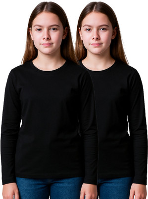 Dyca Boys & Girls Solid Cotton Blend Regular T Shirt(Black, Pack of 2)