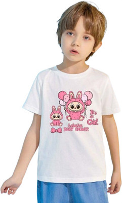 YI FASHION Boys & Girls Printed Polyester Regular T Shirt(White, Pack of 1)