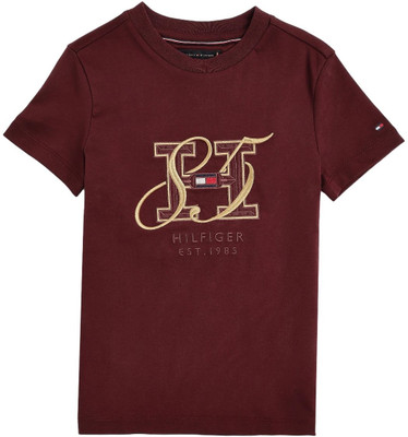 TOMMY HILFIGER Boys Printed Pure Cotton Regular T Shirt(Maroon, Pack of 1)