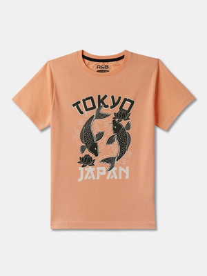 R&B Boys Graphic Print Pure Cotton Regular T Shirt(Orange, Pack of 1)