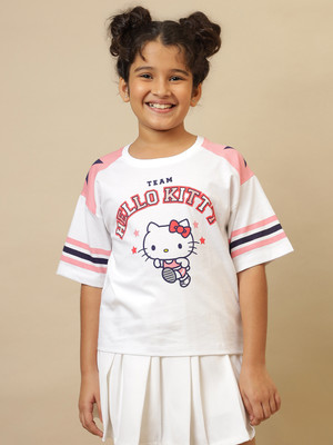 kidsville Girls Printed Pure Cotton Oversized T Shirt(Multicolor, Pack of 1)