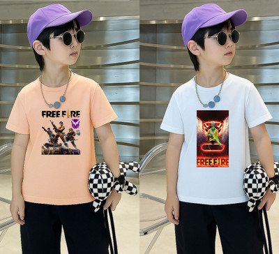 Lecowar Boys Printed Polyester Regular T Shirt(Pink, White, Pack of 2)