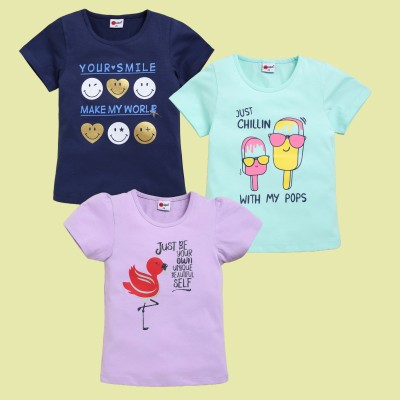 Mars Infiniti Girls Graphic Print Pure Cotton T Shirt(Purple, Pack of 3)