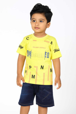 HMAGURI Baby Boys Printed Cotton Blend Regular T Shirt(Yellow, Pack of 1)