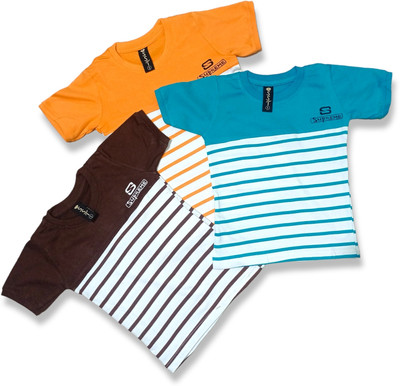 HouseOfCommon Boys Striped Cotton Blend Regular T Shirt(Multicolor, Pack of 3)