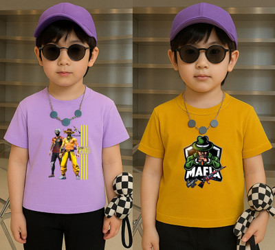 Lecowar Boys Printed Polyester Regular T Shirt(Purple, Yellow, Pack of 2)