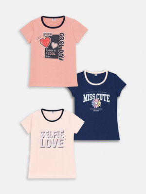 Here&Now X Game Begins Baby Girls Printed Cotton Blend Regular T Shirt(Multicolor, Pack of 1)