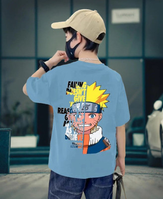 BuckleMen Boys Graphic Print Pure Cotton Oversized T Shirt(Blue, Pack of 1)