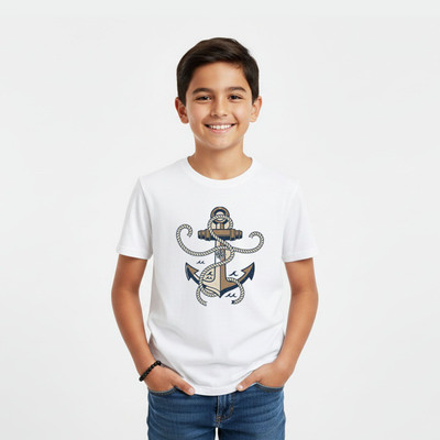 DEHCY Boys Printed Pure Cotton Regular T Shirt(White, Pack of 1)
