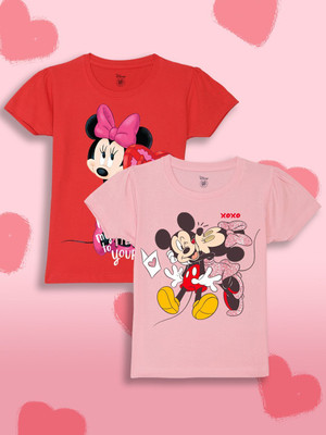 YK Disney Girls Printed Cotton Blend Regular T Shirt(Red, Pink, Pack of 2)