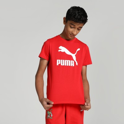 PUMA Boys Typography, Printed Cotton Blend T Shirt(Red, Pack of 1)