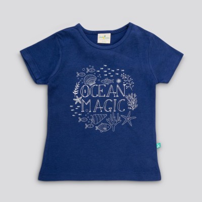 JusCubs Girls Printed Cotton Blend T Shirt(Dark Blue, Pack of 1)