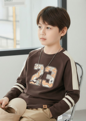 FROSEN FOX Boys Self Design Pure Cotton Regular T Shirt(Brown, Pack of 1)