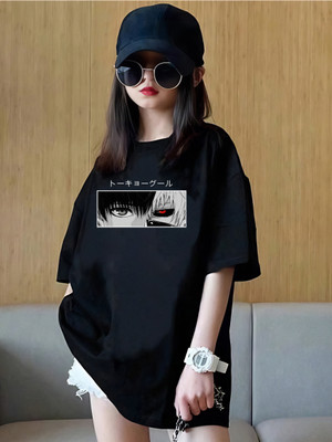 Comic Street Girls Printed Pure Cotton Regular T Shirt(Black, Pack of 1)