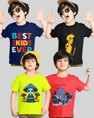 AOOSH Boys Printed Cotton Blend Regular T Shirt(Red, Light Green, Pack of 4)