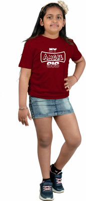 CHOMMBOOKA TRENDING Girls Typography Cotton Blend Regular T Shirt(Maroon, Pack of 1)