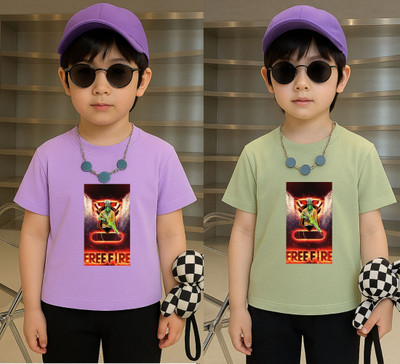 Lecowar Boys Printed Polyester Regular T Shirt(Purple, Green, Pack of 2)