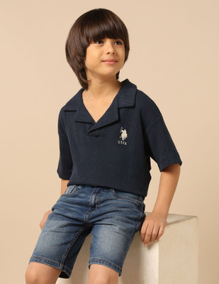 U.S. POLO ASSN. Boys Self Design Pure Cotton Oversized T Shirt(Blue, Pack of 1)