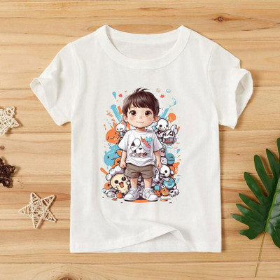 KPPrintofashion Boys Printed Cotton Blend Regular T Shirt(White, Pack of 1)