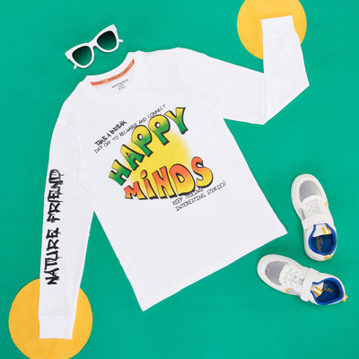 Pantaloons Junior Boys Typography, Printed Pure Cotton Regular T Shirt(White, Pack of 1)