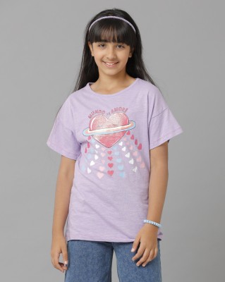 Under Fourteen Only Girls Graphic Print Pure Cotton T Shirt(Purple, Pack of 1)
