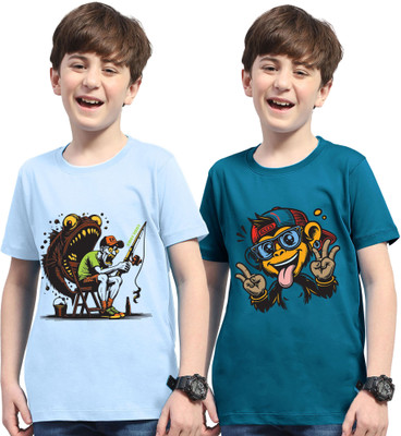 Kiddy Viddy Boys Printed Cotton Blend Regular T Shirt(Light Blue, Dark Blue, Pack of 2)