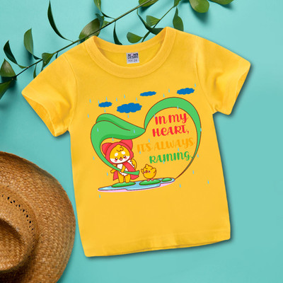 MOMS DESIRE Baby Boys & Baby Girls Printed Cotton Blend Regular T Shirt(Yellow, Pack of 1)