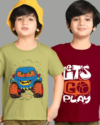 AOOSH Boys Graphic Print Cotton Blend Regular T Shirt(Maroon, Green, Pack of 2)