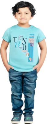 HANIFA Boys & Girls Printed Cotton Blend Regular T Shirt(Light Blue, Pack of 1)