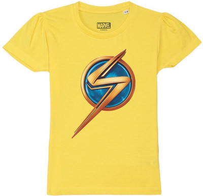 WYM TREND Girls Graphic Print Pure Cotton Regular T Shirt(Yellow, Pack of 1)