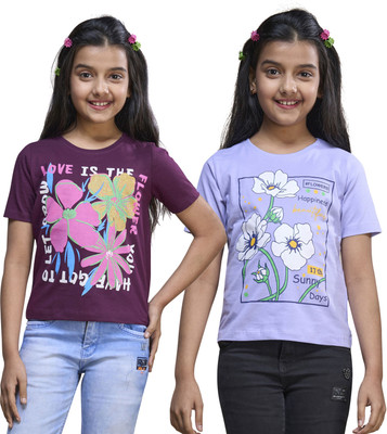 Zuniors-SSC Girls Graphic Print Pure Cotton Regular T Shirt(Multicolor, Pack of 2)