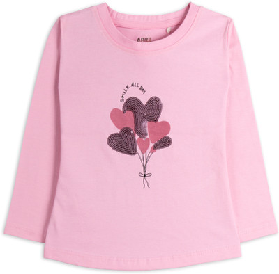 Ariel Girls Printed Pure Cotton Regular T Shirt(Pink, Pack of 1)