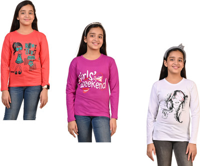 IndiWeaves Girls Printed Pure Cotton Regular T Shirt(Multicolor, Pack of 3)